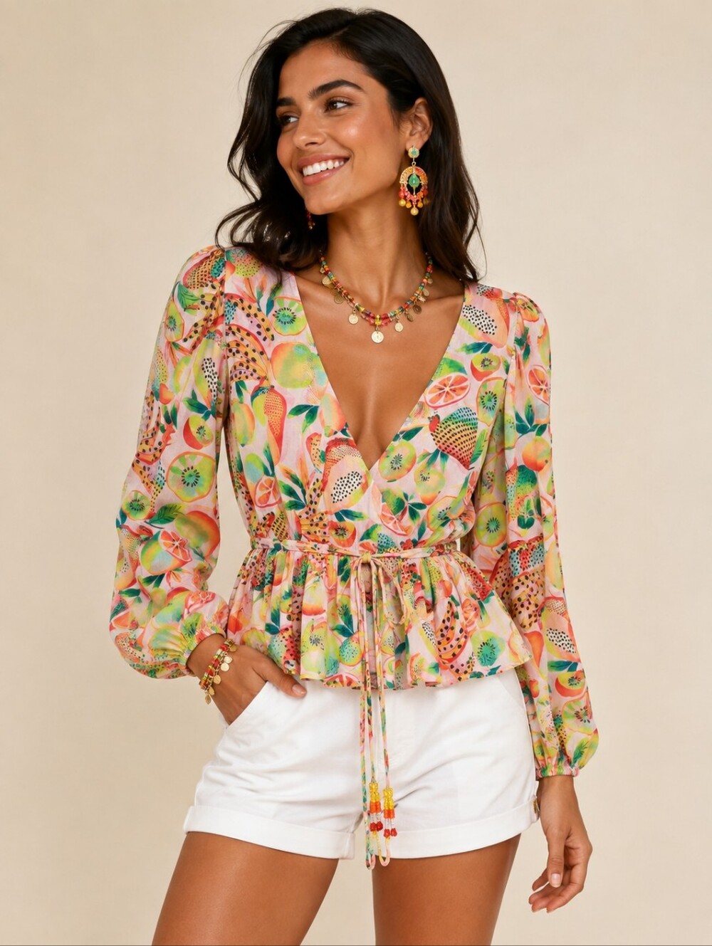 FARM Rio Anthropologie Citrus & Kiwi Wrap Top